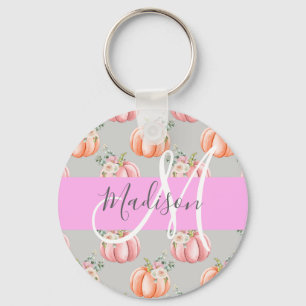 Llavero Nombre de monograma gris floral femenino rosa melo