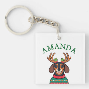 Llavero Nombre de Navidades de Dachshund Negro festivo
