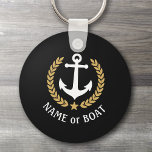 Llavero Nombre del barco Anchor Estilo Oro Estrella de la<br><div class="desc">Una cadena de claves personalizada con el nombre del barco, el nombre de la familia u otro texto deseado según sea necesario. Con un ancla náutica diseñado por un personalizado, hojas de laurel de estilo dorado y emblema estrella sobre negro o ajustar fácilmente el color primario para que coincida con...</div>