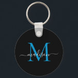 Llavero Nombre del Monograma Azul Negro Elegante Guión Mod<br><div class="desc">Simple Black Ocean Blue Monograma Elegant Modern Script Keychain</div>