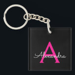 Llavero Nombre del Monograma de Giro del Guión Negro Calie<br><div class="desc">Cadena de teclas de nombre de monograma simple de escritura negra y rosa caliente. Esto hace que el dulce perfecto cumpleaños 16,  boda,  ducha de novia,  aniversario,  ducha de bebé o fiesta de soltera sea regalo para alguien que ama el lujo glam y los estilos de moda.</div>