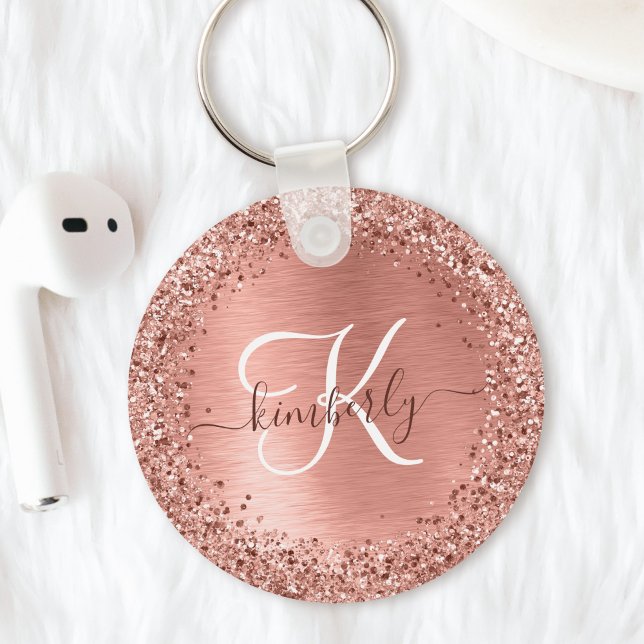 Llavero Nombre del monograma del Purpurina Metalizado cepi (This glam rose gold brushed metal glitter keychain is a stunning way to accessorize your keys)