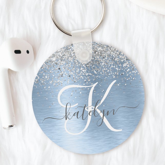Llavero Nombre del monograma del Purpurina plateado Metali (This keychain has a cool blue brushed metal design with silver glitter, your monogram and name.)