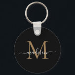 Llavero Nombre del Monograma Oro Negro Elegante Guión Mode<br><div class="desc">Simple Black Gold Monograma Elegant Modern Script Keychain</div>