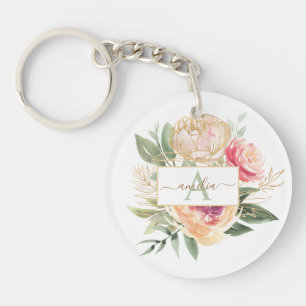 Llavero Nombre del Monograma Peony y Flores de Oro