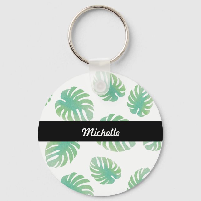 Llavero Nombre del patrón verde de la hoja de monastera tr (Anverso)
