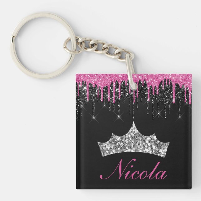 Llavero Nombre del Purpurina Tiara del moda de goteo negro (Frente)
