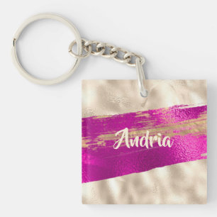 Llavero Nombre DIY Pincel Texto Fuchsia Platinum Faux Metá