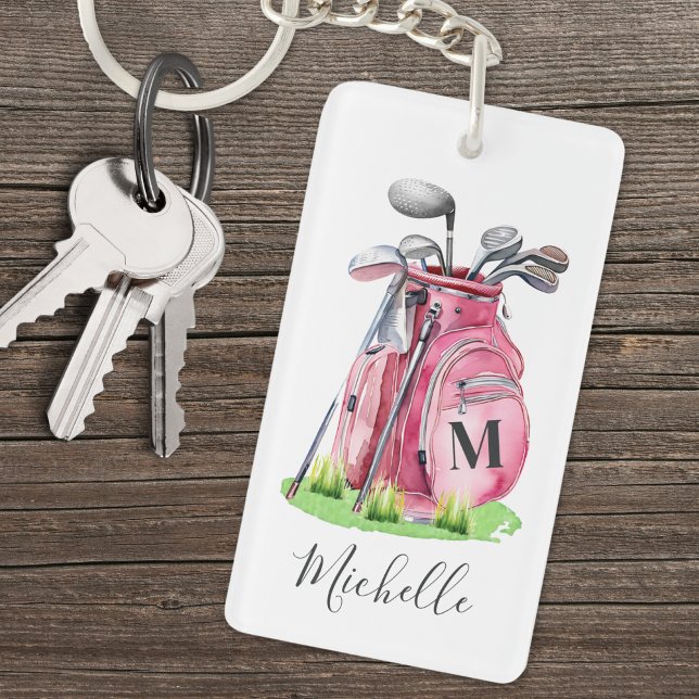 Llavero Nombre inicial rosado Monograma (Pink Initial Name Monogram Golf Keychain)