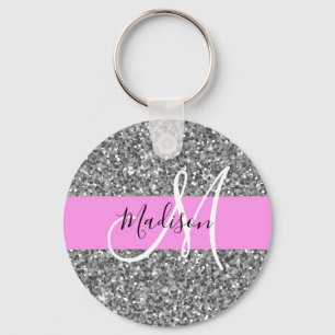 Llavero Nombre monograma del Purpurina Glam Pink & Silver