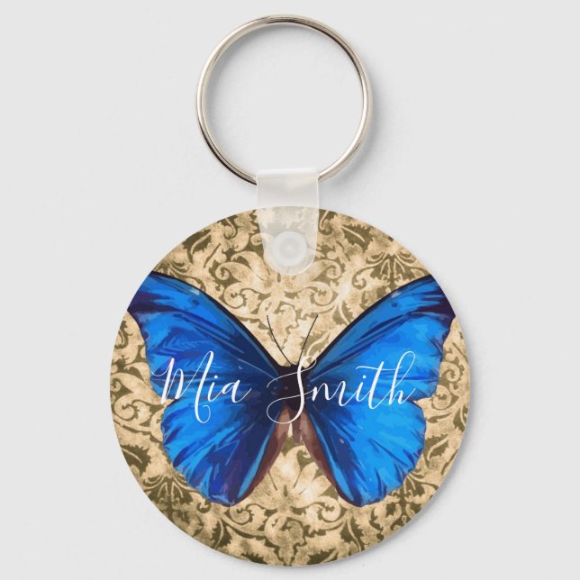 Llavero Nombre personal de damasco de mariposa azul monarc (Anverso)
