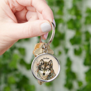 Llavero Nombre personalizado Cabeza de lobo acuarela