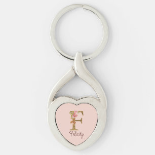 Llavero Nombre personalizado Carta F Oro Hoja Rosas Rosa P