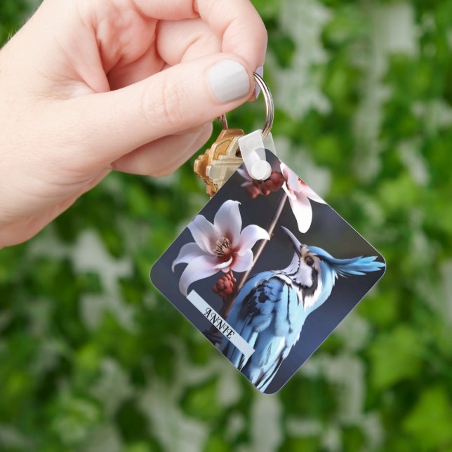 Llavero Nombre personalizado de Bluejay y Flores (Mano)