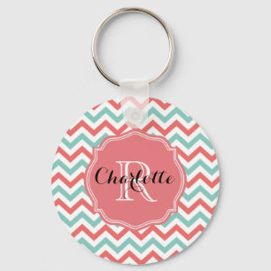 Llavero Nombre personalizado de Chevron Coral y Aqua