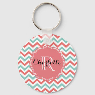 Llavero Nombre personalizado de Chevron Coral y Aqua