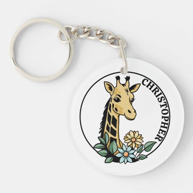 Llavero Nombre Personalizado De Giraffe Y Flores (Frente)