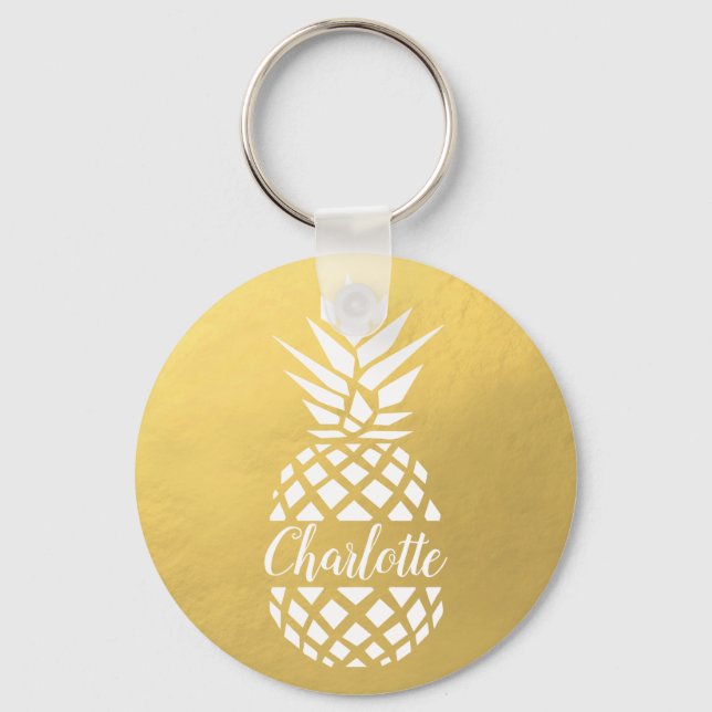 Llavero Nombre personalizado de oro monogramado de piña (Anverso)