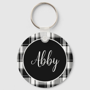 Llavero Nombre personalizado de Tartán blanco y negro mode