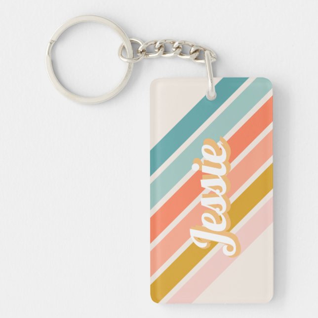 Llavero Nombre personalizado del arcoiris retro pastel (Frente)