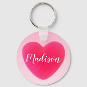 Llavero Nombre personalizado del corazón rosado brillante