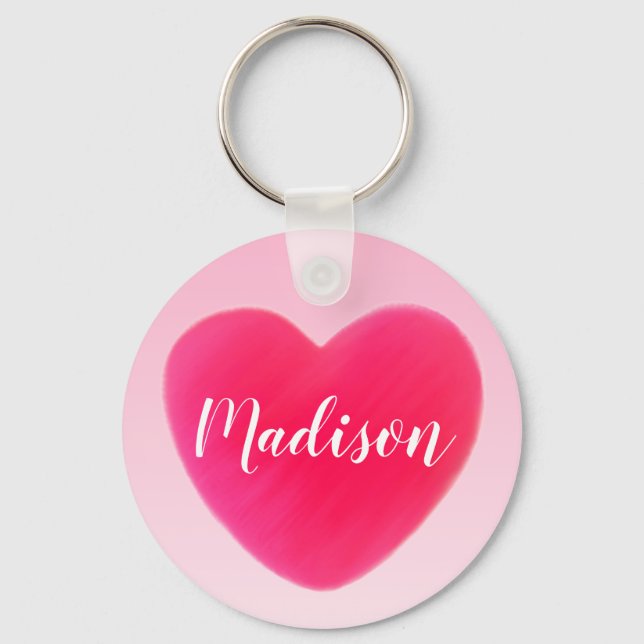 Llavero Nombre personalizado del corazón rosado brillante (Anverso)