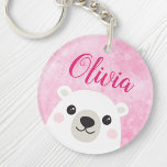 Llavero Nombre personalizado del oso polar blanco rosado<br><div class="desc">Cadena de claves con un lindo oso polar en un fondo rosado y nombre de personalizable arriba.</div>