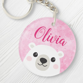 Llavero Nombre personalizado del oso polar blanco rosado