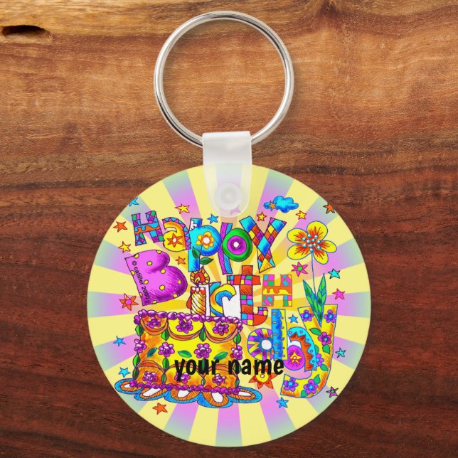 Llavero Nombre personalizado del pastel de cumpleaños feli (Anverso)