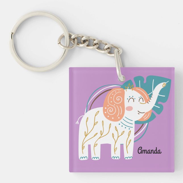 Llavero Nombre personalizado del pequeño elefante Boho (Frente)