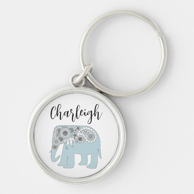 Llavero Nombre personalizado Elefante de Blue Paisley (Frente)