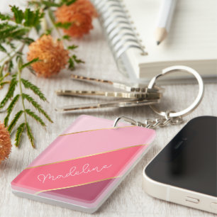 Llavero Nombre Personalizado en Rayas Rosadas de Rosa Past