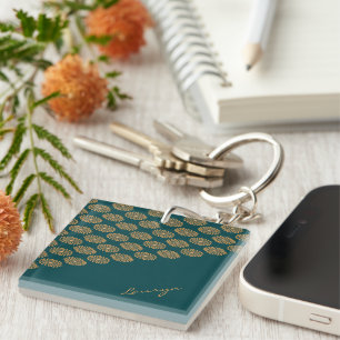 Llavero Nombre personalizado floral marrón sobre verde pin