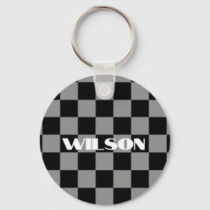 Llavero nombre personalizado gris y cuadros negros 