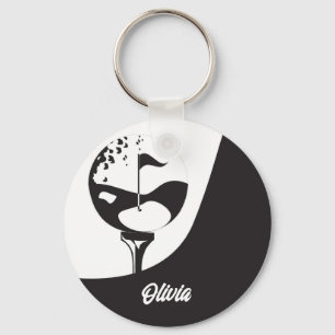 Llavero Nombre personalizado Hola Golf blanco y negro