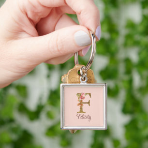 Llavero Nombre personalizado letra F hoja de oro rosas ros