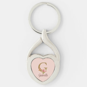 Llavero Nombre personalizado letra G rosa blush con rosas 