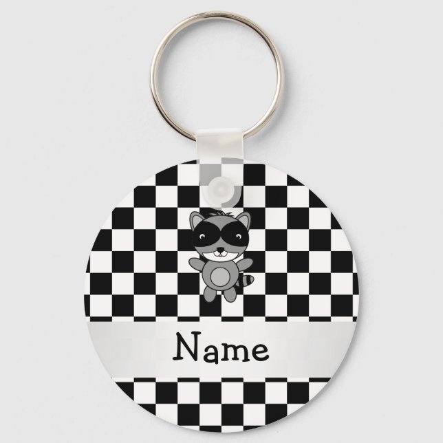 Llavero Nombre personalizado mapache blanco negro checker (Anverso)