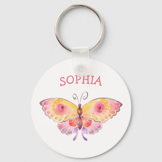 Llavero Nombre personalizado Mariposa niños Cute rosa (Anverso)