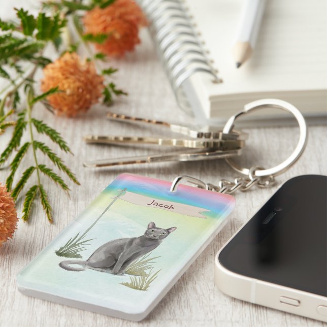 Llavero Nombre personalizado Mascota de gato ruso azul (Frente Derecha)