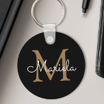 Llavero Nombre personalizado Monograma Bonito manuscrito n<br><div class="desc">Crea tu propia cadena de claves redondas negras personalizada con el nombre y el monograma de tu guión manuscrito personalizado.</div>