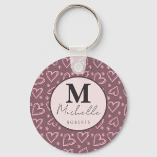 Llavero Nombre personalizado Monograma Corazones de Doodle