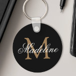 Llavero Nombre personalizado Monograma Elegante Oro Negro<br><div class="desc">Crea tu propia cadena de claves redondeada negra personalizada con el nombre y el monograma de tu guión de caligrafía personalizado.</div>