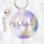 Llavero Nombre personalizado Monograma Morado Glam de colo<br><div class="desc">Personaliza fácilmente este estilo glamoroso de pintura de acuarela lila abstracta y el fondo falso de pulverización dorada con tus detalles personalizados.</div>
