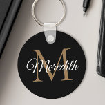 Llavero Nombre personalizado Monograma Script de escritura<br><div class="desc">Crea tu propia cadena de claves redondas negras personalizada con el nombre y el monograma de tu personalizado y elegante guión manuscrito.</div>