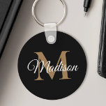 Llavero Nombre personalizado Monograma Script de escritura<br><div class="desc">Crea tu propia cadena de claves redondeada negra personalizada con el nombre y el monograma de tu personalizado y elegante guión manuscrito.</div>