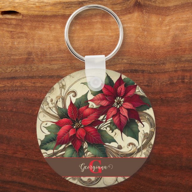 Llavero Nombre personalizado Navidades Art Nouveau Poinset (Anverso)