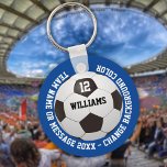 Llavero Nombre personalizado número de equipo nombre bola<br><div class="desc">Nombre personalizado,  número,  nombre del equipo y regalo de fútbol de mensaje. Puede personalizar el color de fondo para que coincida con su equipo favorito. Diseñado por Thisisnotme©</div>