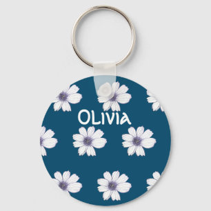 Llavero Nombre personalizado Patrón de flor azul Anillo de