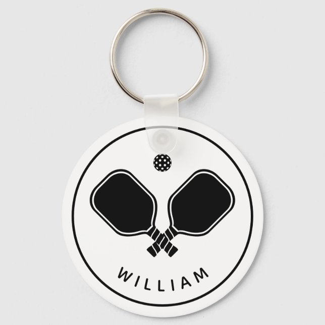 Llavero Nombre personalizado Pickleball blanco y negro (Anverso)